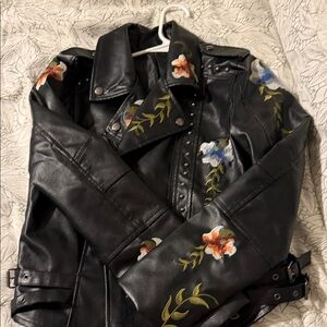 Floral Embroidered Black Leather Jacket